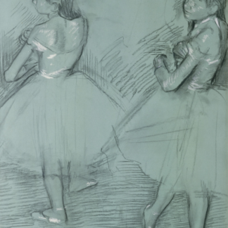 Two Dancers by Edgar Degas, ballet dancers drawn with dark lines and white highlights on a blue-green ground.