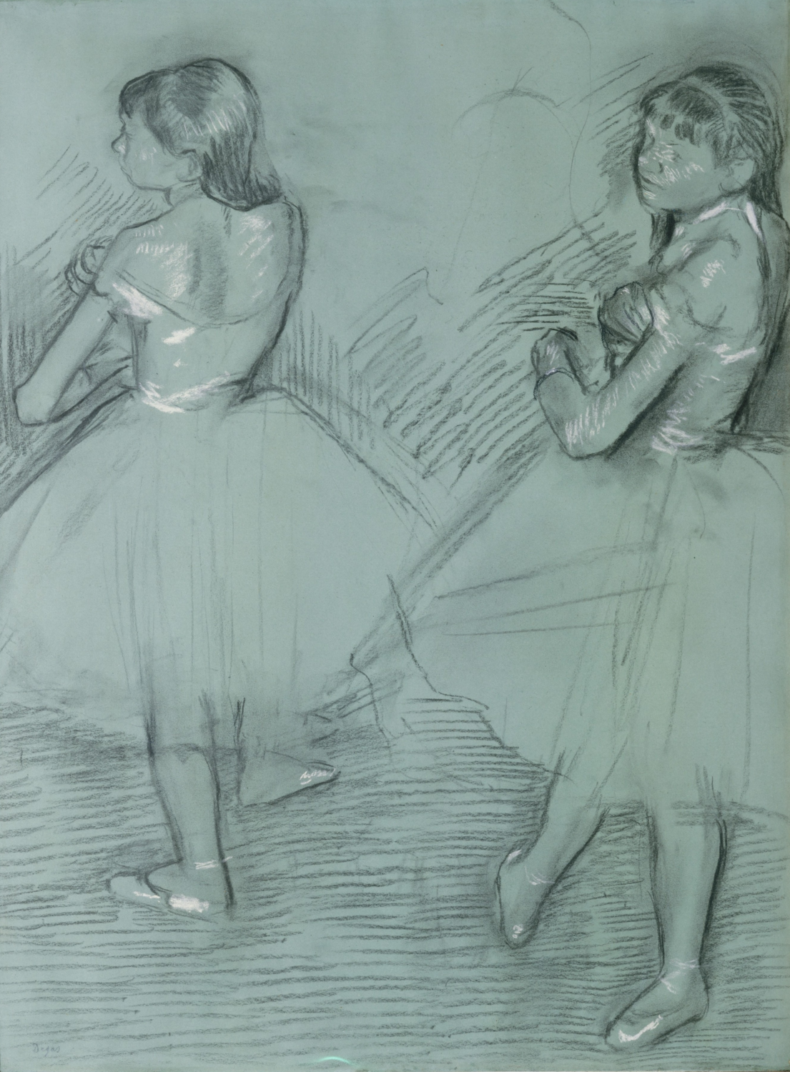 Two Dancers by Edgar Degas, ballet dancers drawn with dark lines and white highlights on a blue-green ground.