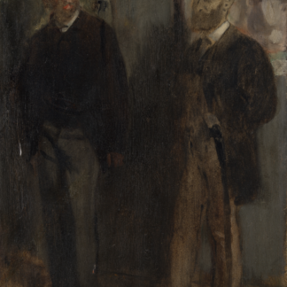 Two Men by Edgar Degas, two formally dressed men standing in a dark interior with a framed picture behind them.