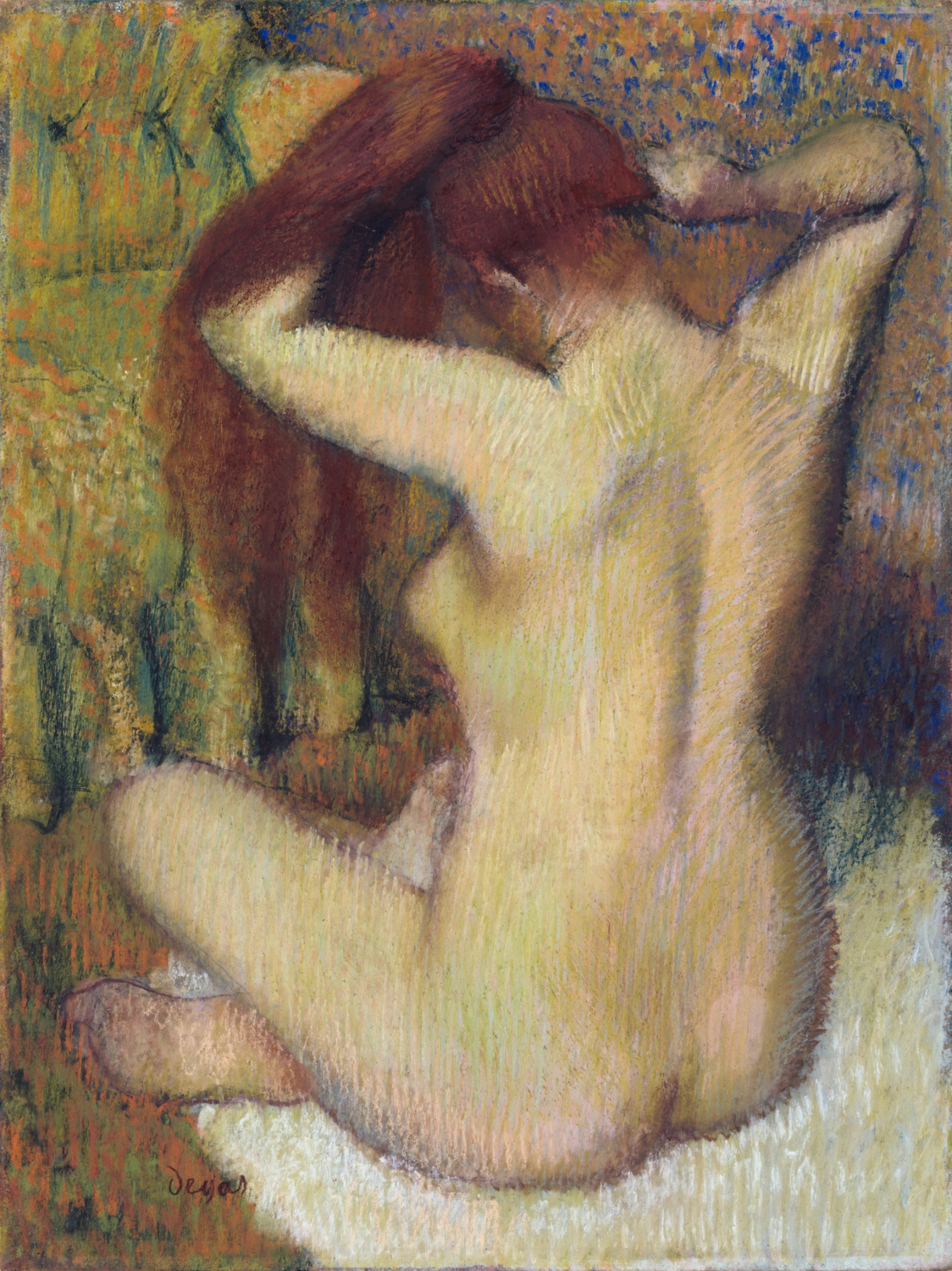 Woman Combing Her Hair by Edgar Degas, a seated nude woman seen from behind with raised arms and long red hair.