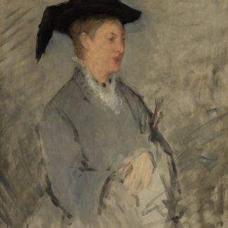 Madame Edouard Manet by Édouard Manet, seated in a black hat and gray dress