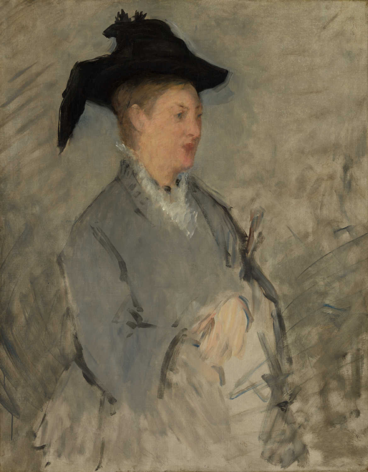 Madame Edouard Manet by Édouard Manet, seated in a black hat and gray dress