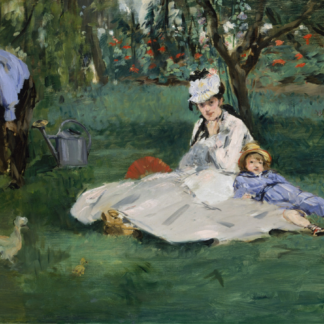 The Monet Family in Their Garden at Argenteuil: family relaxing and gardening among flowers, grass and chickens.