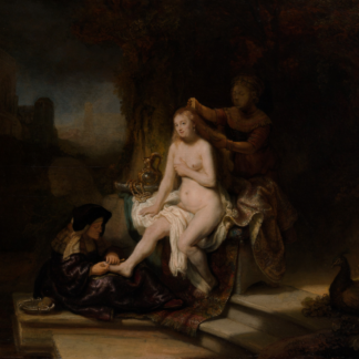 The Toilet of Bathsheba: bathsheba seated with two attendants, pale drapery and a peacock.