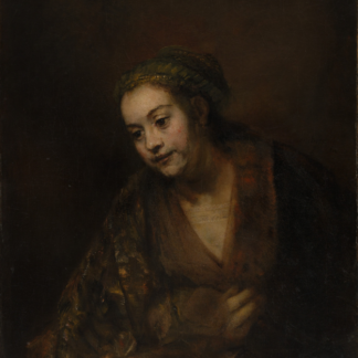 Hendrickje Stoffels (1626–1663): seated woman in dark patterned clothing with her head gently inclined.