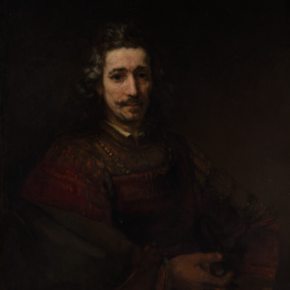 Man with a Magnifying Glass: seated man in dark red clothing holding a magnifying glass.