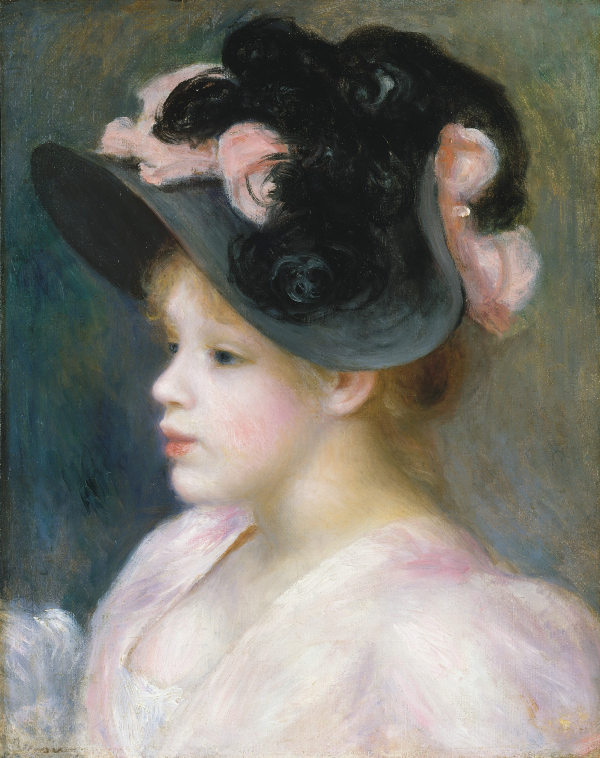 Young Girl in a Pink-and-Black Hat by Auguste Renoir
