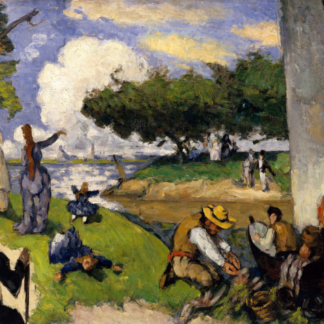 The Fishermen (Fantastic Scene) by Paul Cézanne, with figures and boats beside a green riverbank