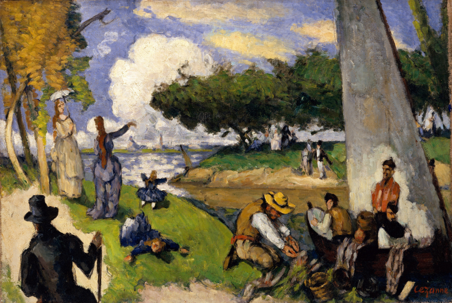 The Fishermen (Fantastic Scene) by Paul Cézanne, with figures and boats beside a green riverbank