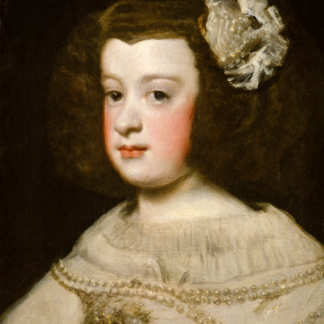 María Teresa, Infanta of Spain, from the workshop of Velázquez, wearing a pale dress and a large bow