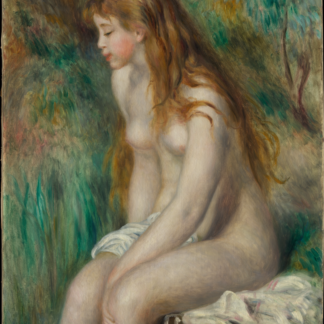 Young Girl Bathing by Auguste Renoir, a seated bather against green foliage