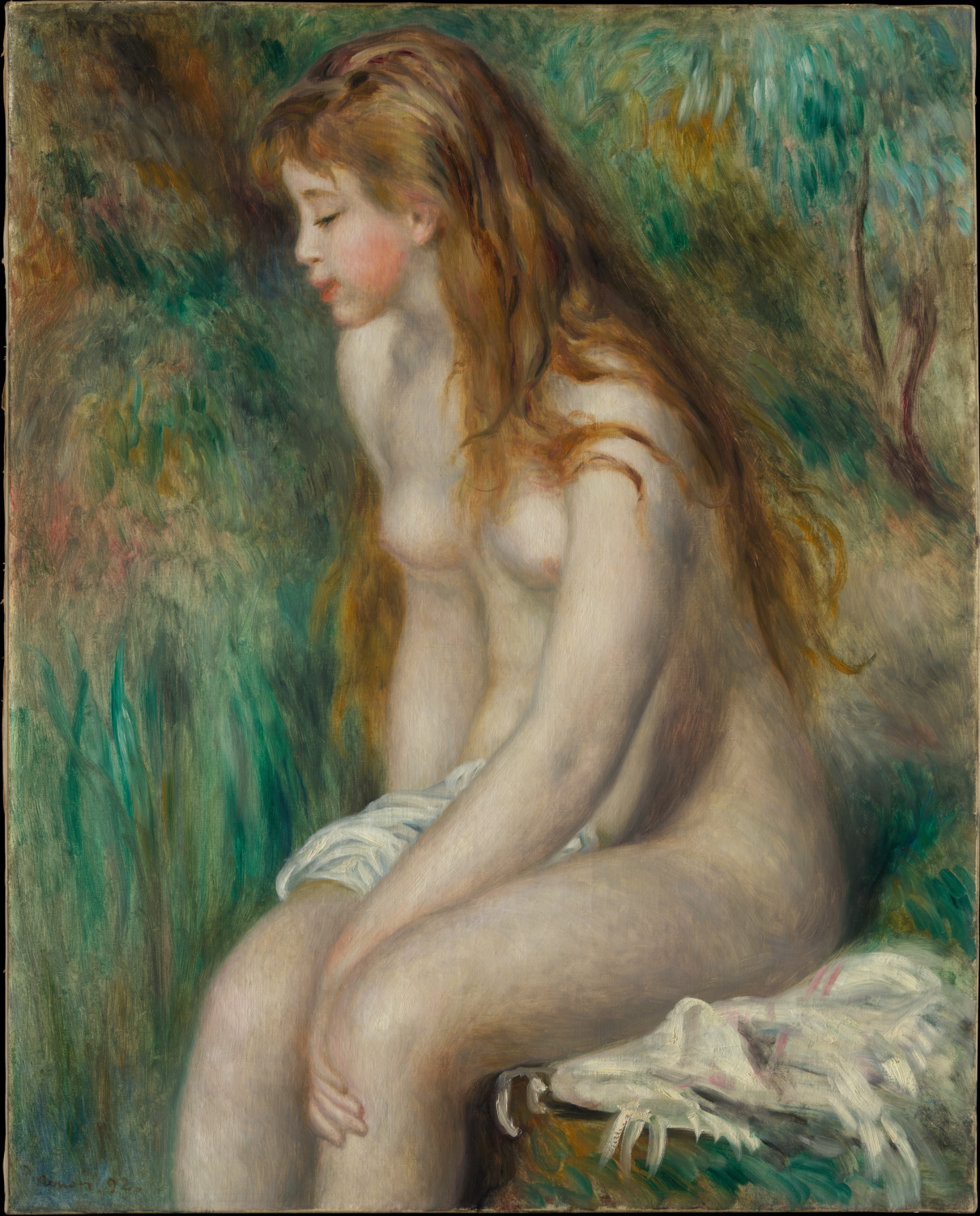 Young Girl Bathing by Auguste Renoir, a seated bather against green foliage
