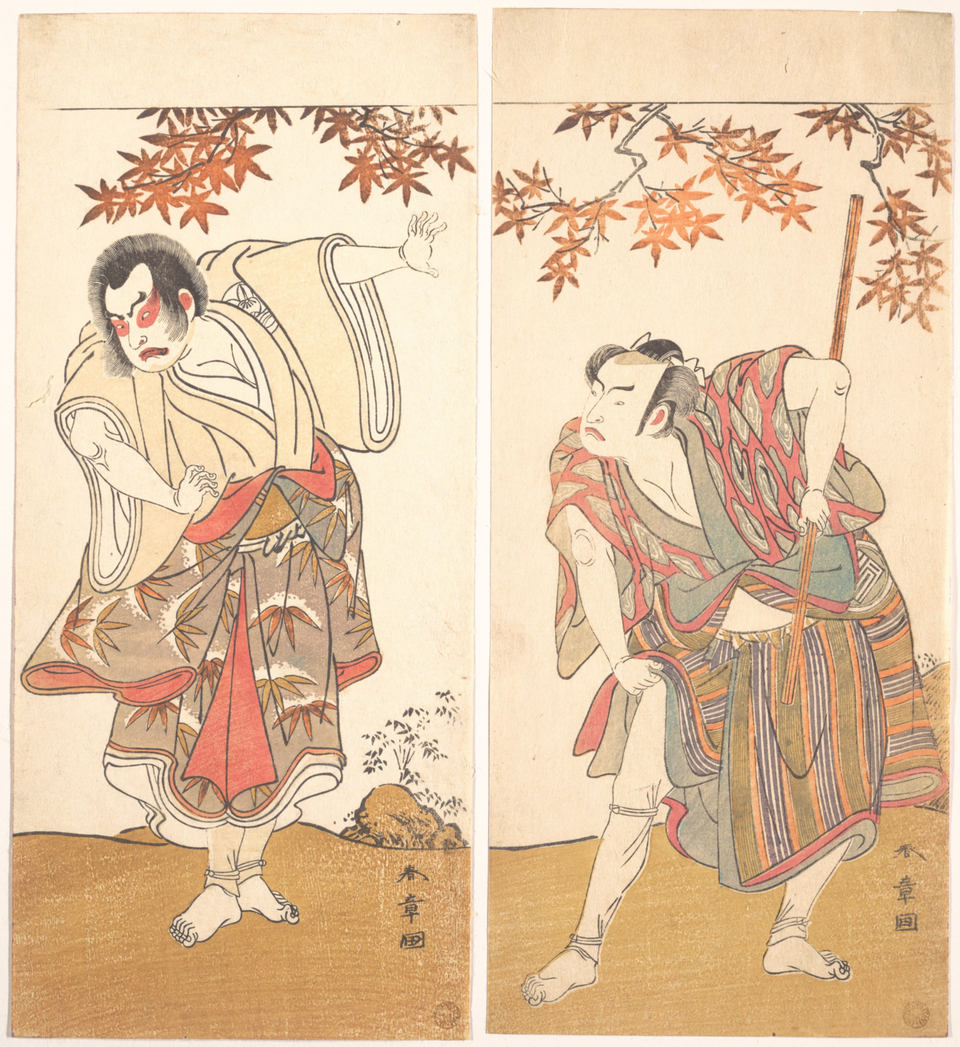 Two kabuki actors in patterned robes beneath autumn leaves, by Katsukawa Shunshō.