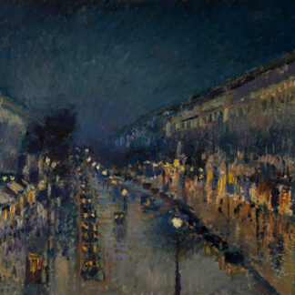 The Boulevard Montmartre at Night by Camille Pissarro, with glowing streetlights reflected on a rainy Paris boulevard.