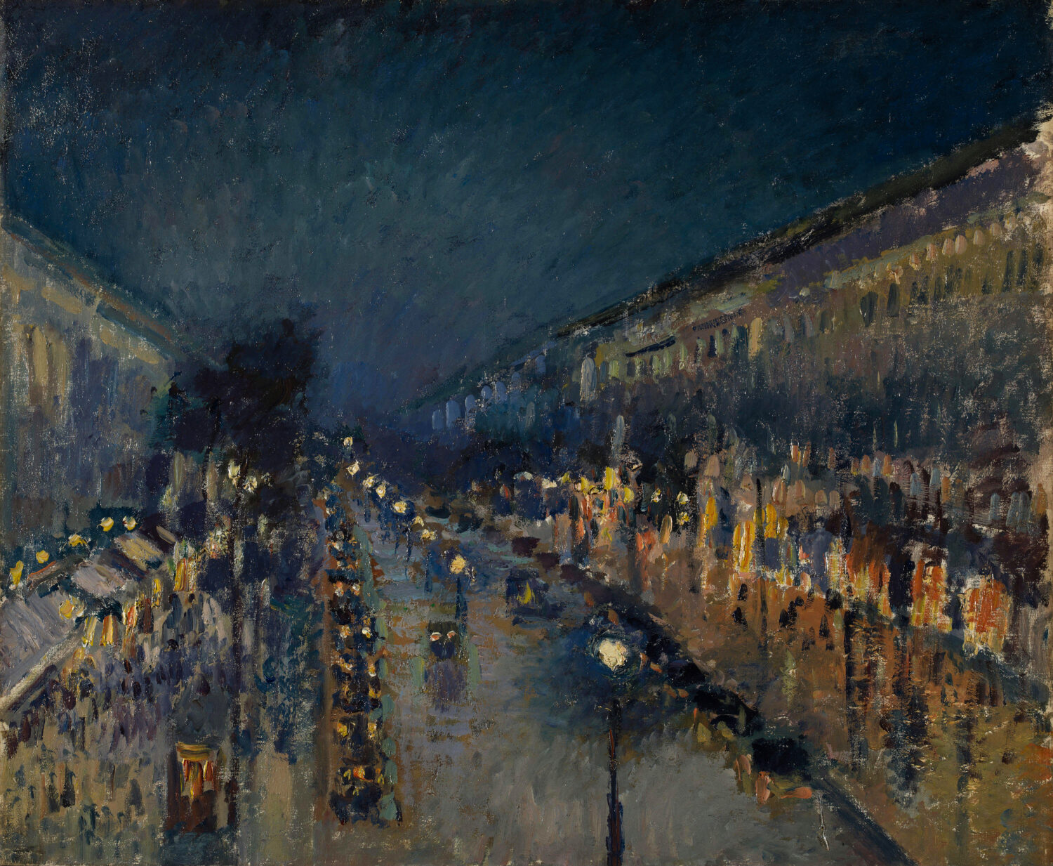 The Boulevard Montmartre at Night by Camille Pissarro, with glowing streetlights reflected on a rainy Paris boulevard.