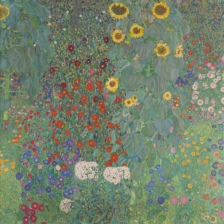 Cottage Garden with Sunflowers by Gustav Klimt, with yellow sunflowers above red, blue and white blossoms.