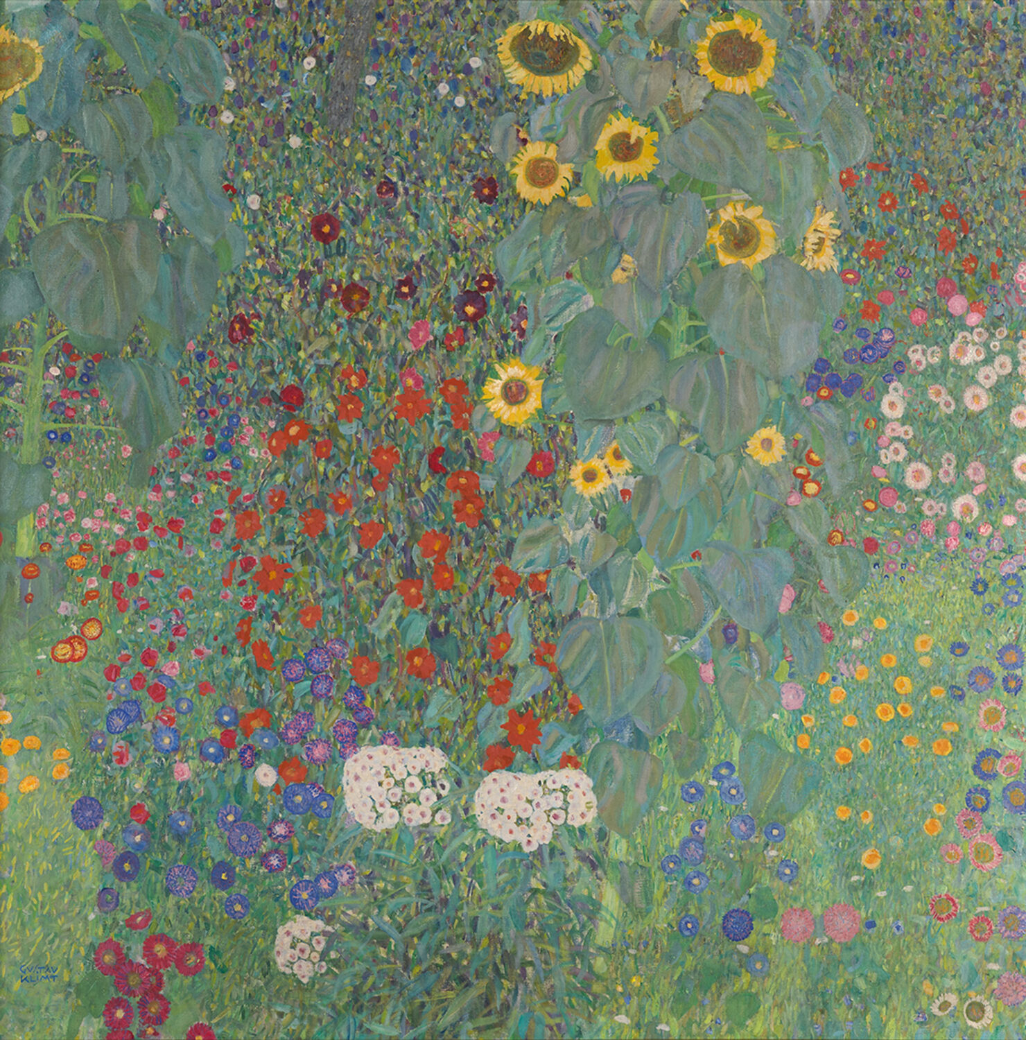 Cottage Garden with Sunflowers by Gustav Klimt, with yellow sunflowers above red, blue and white blossoms.