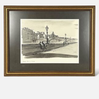 Signed Florence Italy Ink Drawing “Firenze – Ponte a S. Trinita” Framed