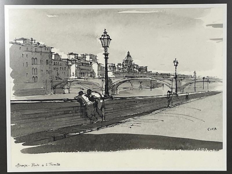 Signed Florence Italy Ink Drawing “Firenze – Ponte Santa Trinita” - Image 2