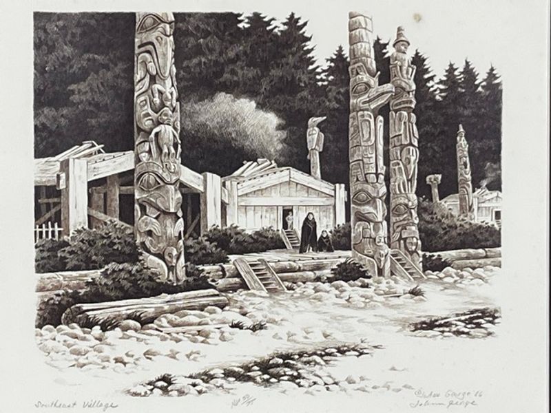 JoAnn George “Southeast Village” Signed AP Lithograph Tlingit Alaska 1986 - Image 2