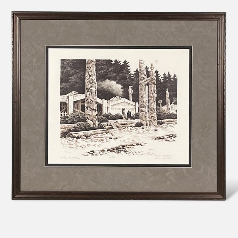 JoAnn George “Southeast Village” Signed AP Lithograph Tlingit Alaska 1986