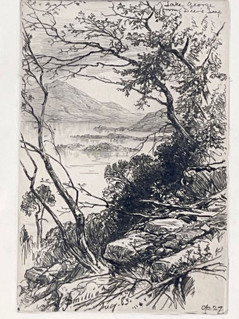 James David Smillie Original Etching “Deer’s Leap, Lake George” 1883 Op. 27 - Image 2