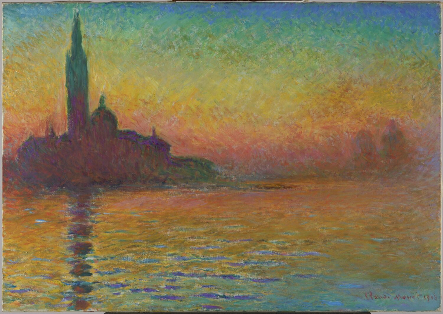 San Giorgio Maggiore at Dusk by Claude Monet, with a Venetian church silhouetted against a glowing sunset