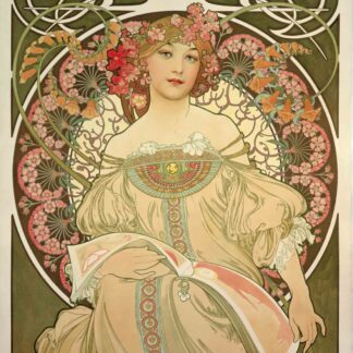 Rêverie by Alphonse Mucha, a woman with a book surrounded by flowers and flowing Art Nouveau ornament