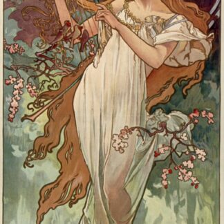 Spring (1896) by Alphonse Mucha, a woman beneath flowering branches with the printed title Printemps