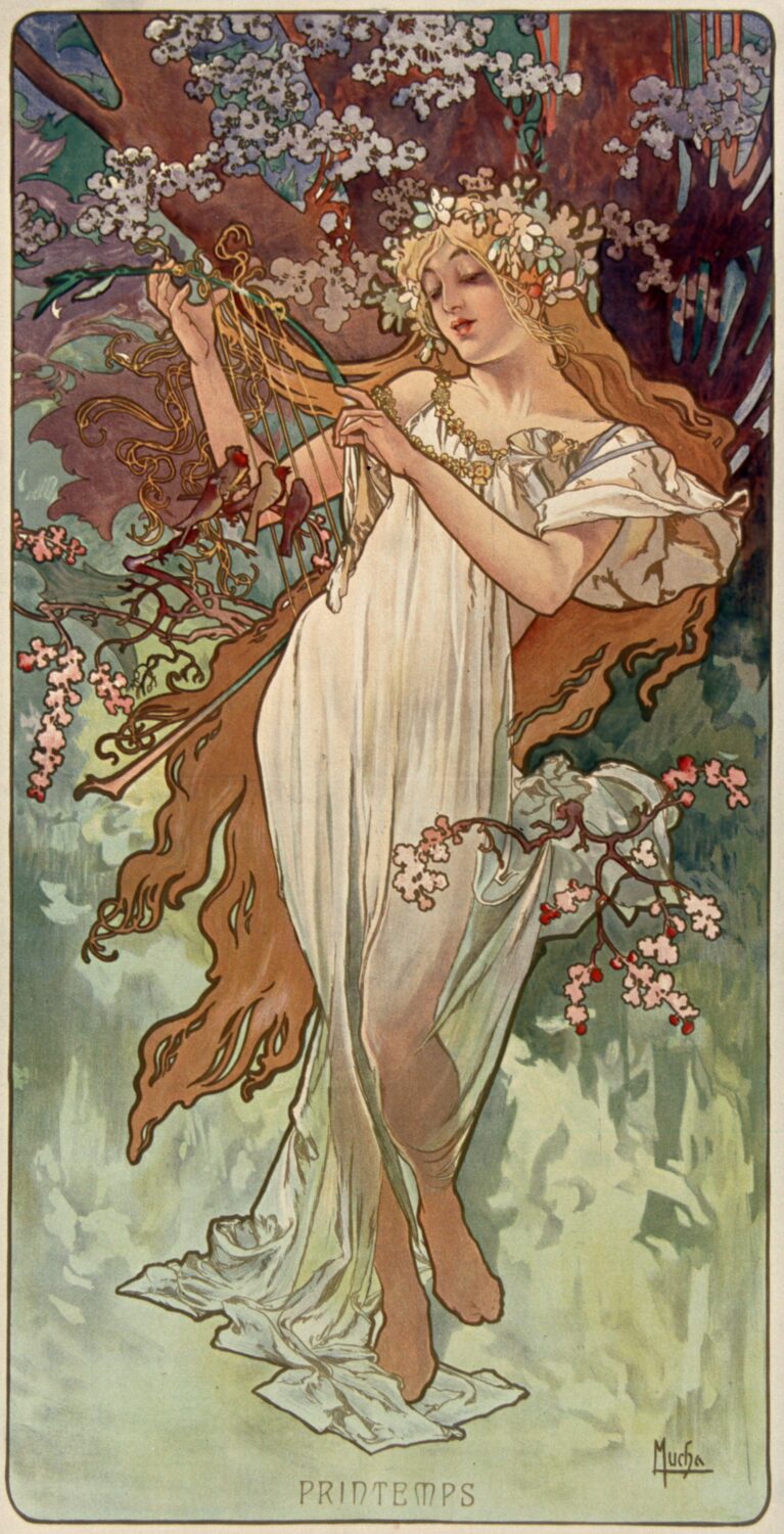 Spring (1896) by Alphonse Mucha, a woman beneath flowering branches with the printed title Printemps