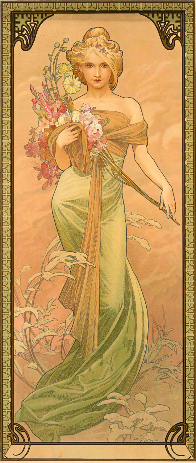Spring (1900) by Alphonse Mucha, floral Art Nouveau lithograph