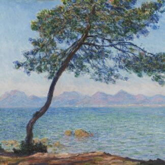 Antibes by Claude Monet, with a windblown pine beside blue Mediterranean water and distant mountains.