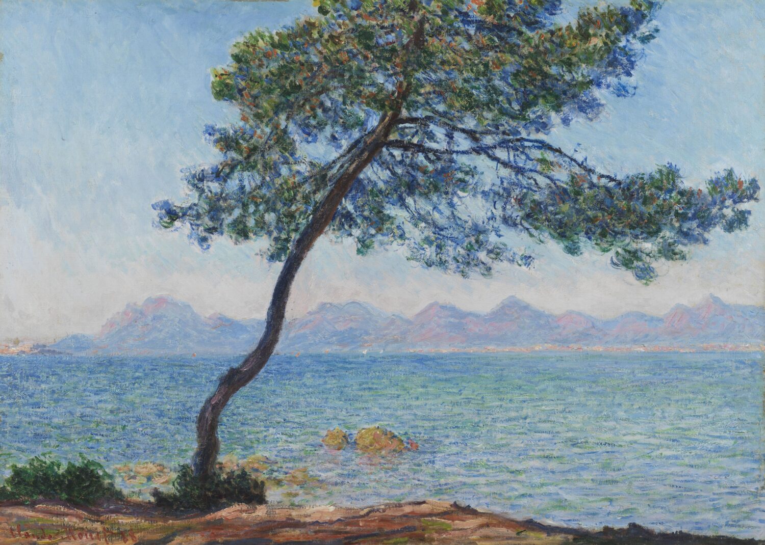 Antibes by Claude Monet, with a windblown pine beside blue Mediterranean water and distant mountains.