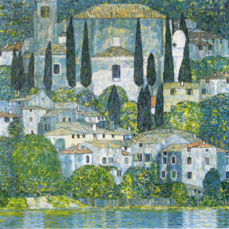 Church in Cassone by Gustav Klimt, with pale village buildings and dark cypresses above Lake Garda