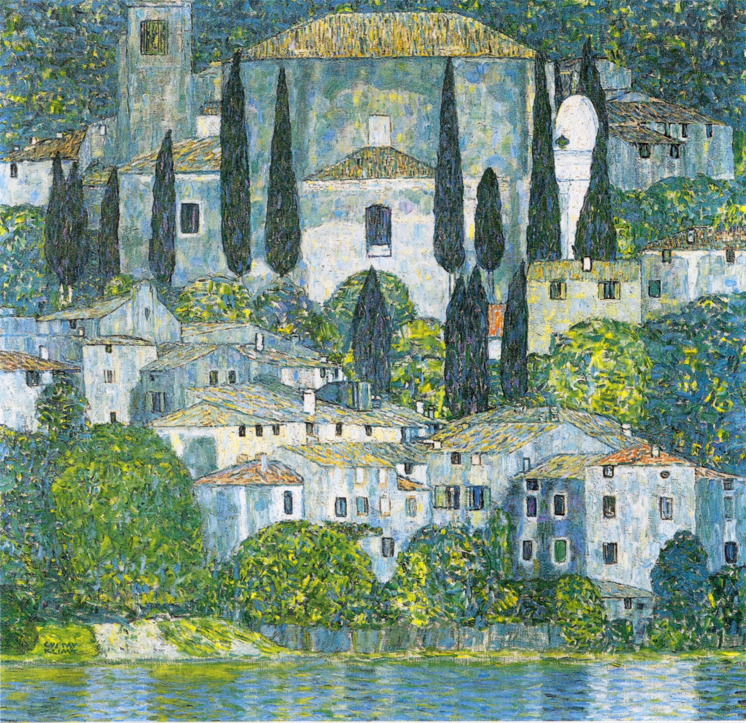 Church in Cassone by Gustav Klimt, with pale village buildings and dark cypresses above Lake Garda