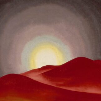 Red Hills, Lake George by Georgia O’Keeffe, with rolling red hills beneath a glowing sun