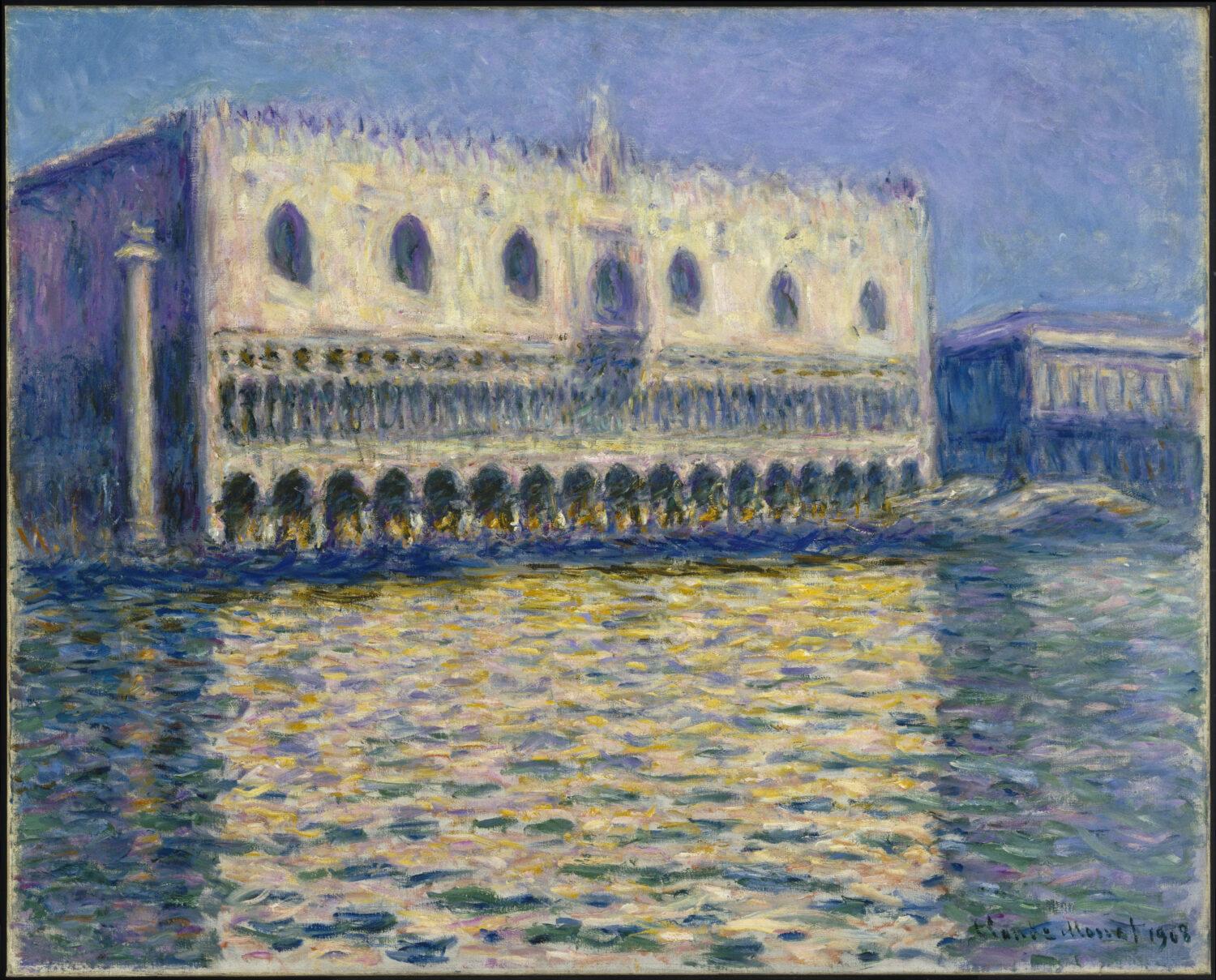 The Doge’s Palace by Claude Monet, with pale Venetian arches reflected in blue and gold water