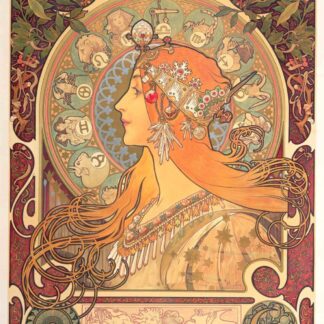 Zodiac by Alphonse Mucha, a woman in profile with a jeweled headdress surrounded by astrological signs