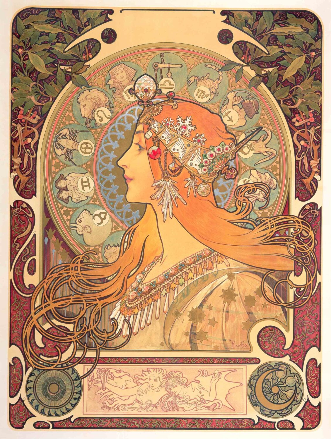Zodiac by Alphonse Mucha, a woman in profile with a jeweled headdress surrounded by astrological signs