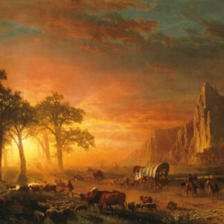 Emigrants Crossing the Plains by Albert Bierstadt, with a wagon train beneath a glowing evening sky.