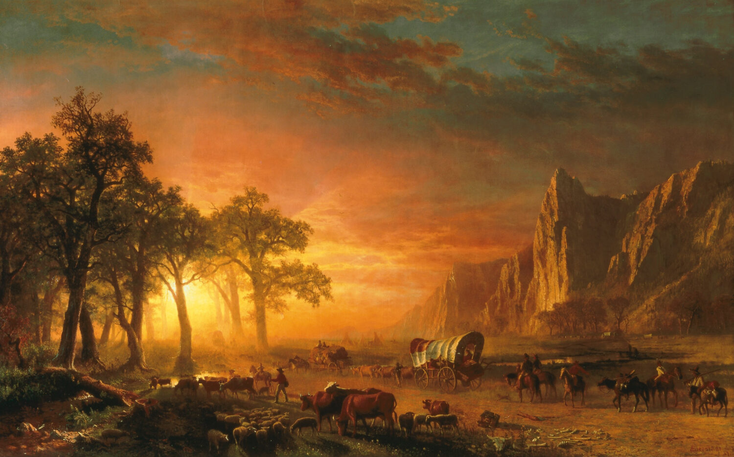 Emigrants Crossing the Plains by Albert Bierstadt, with a wagon train beneath a glowing evening sky.