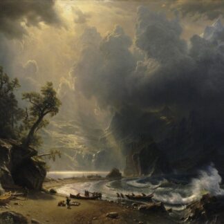 Puget Sound on the Pacific Coast by Albert Bierstadt, with storm clouds, breaking waves and people on the beach.