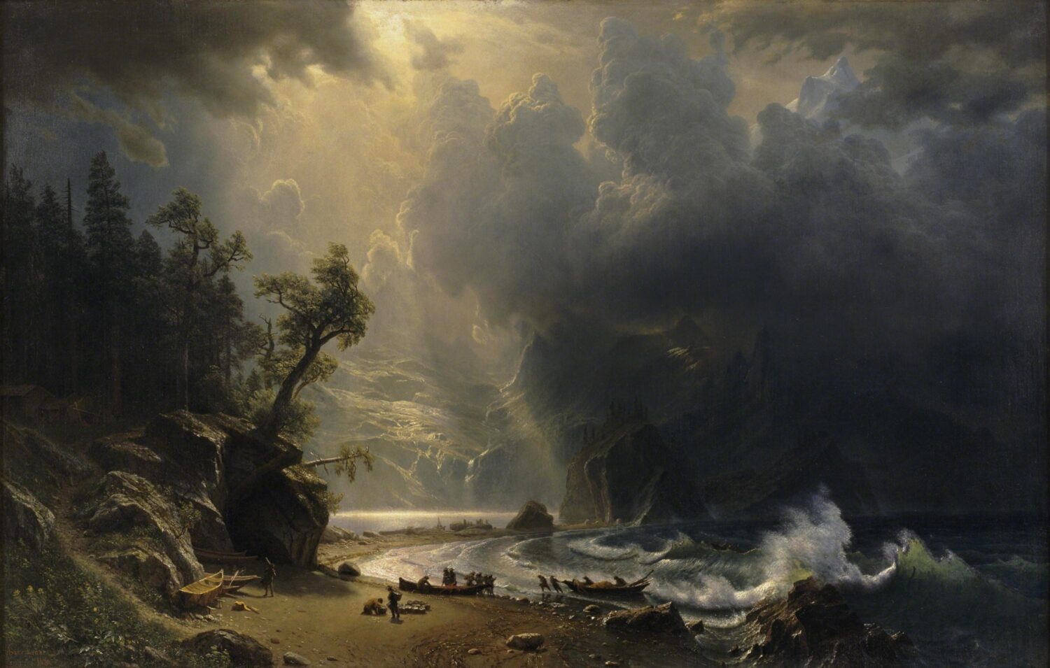 Puget Sound on the Pacific Coast by Albert Bierstadt, with storm clouds, breaking waves and people on the beach.