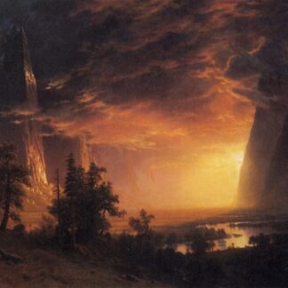 Sunset in the Yosemite Valley by Albert Bierstadt, with fiery clouds, towering cliffs and a winding river.