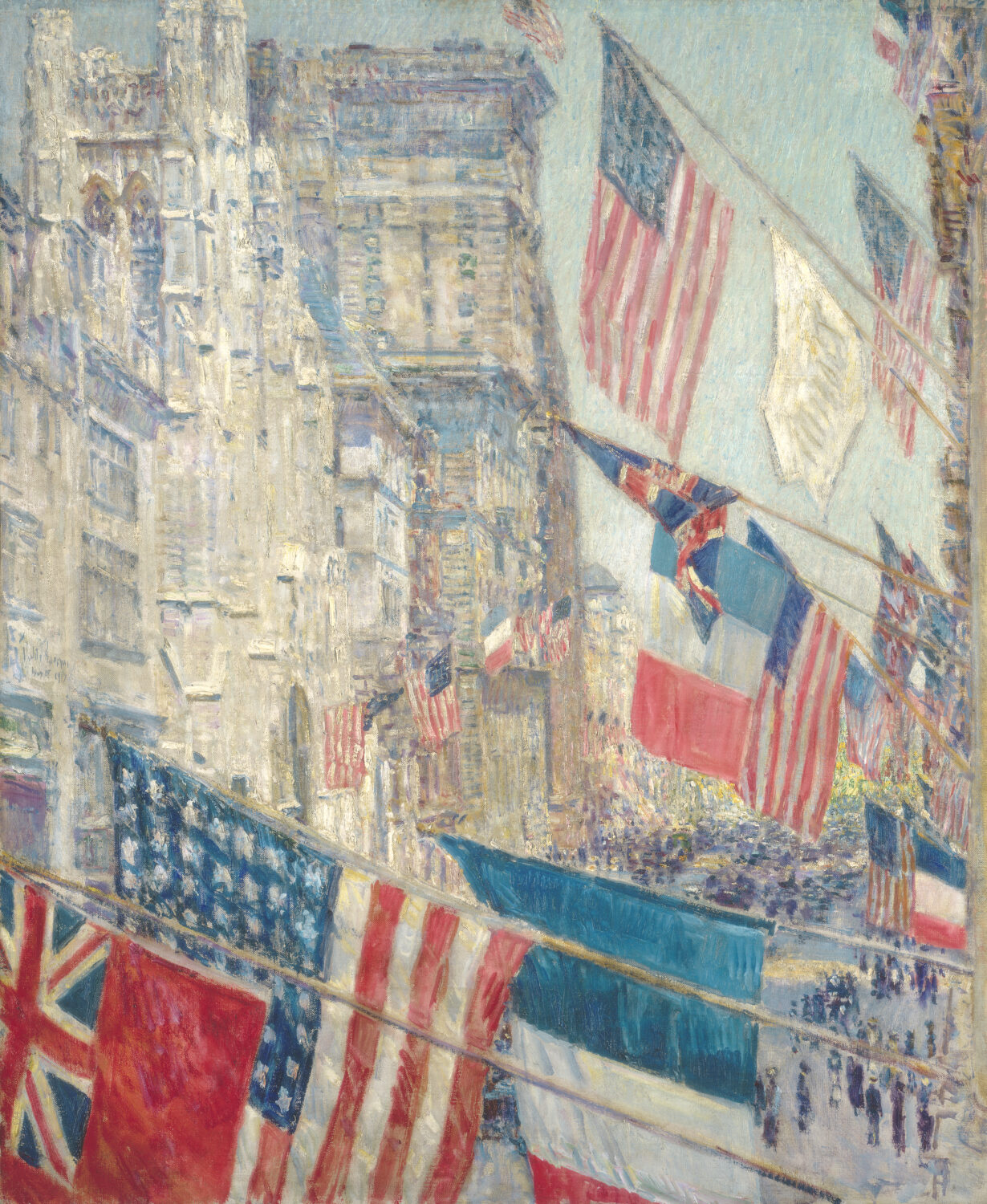 American, British and French flags above Fifth Avenue in Allies Day, May 1917 by Childe Hassam