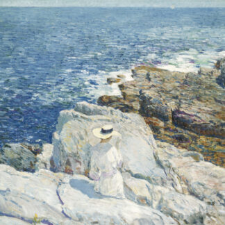 A woman in a sunhat seated on bright coastal rocks above blue water in The South Ledges, Appledore by Childe Hassam