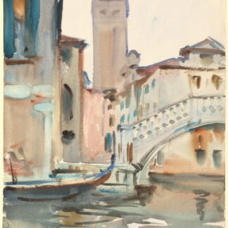 An arched Venetian bridge and bell tower reflected in canal water in a watercolor by John Singer Sargent