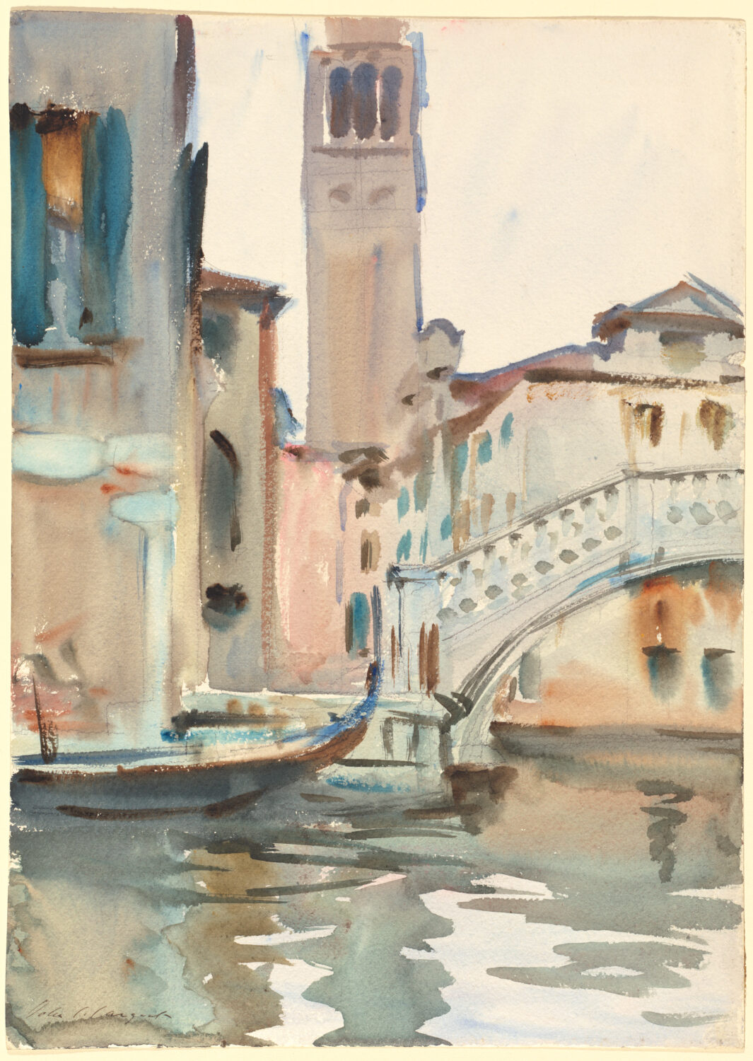 An arched Venetian bridge and bell tower reflected in canal water in a watercolor by John Singer Sargent