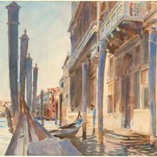 Gondolas and tall mooring poles beside sunlit Venetian buildings in a watercolor by John Singer Sargent