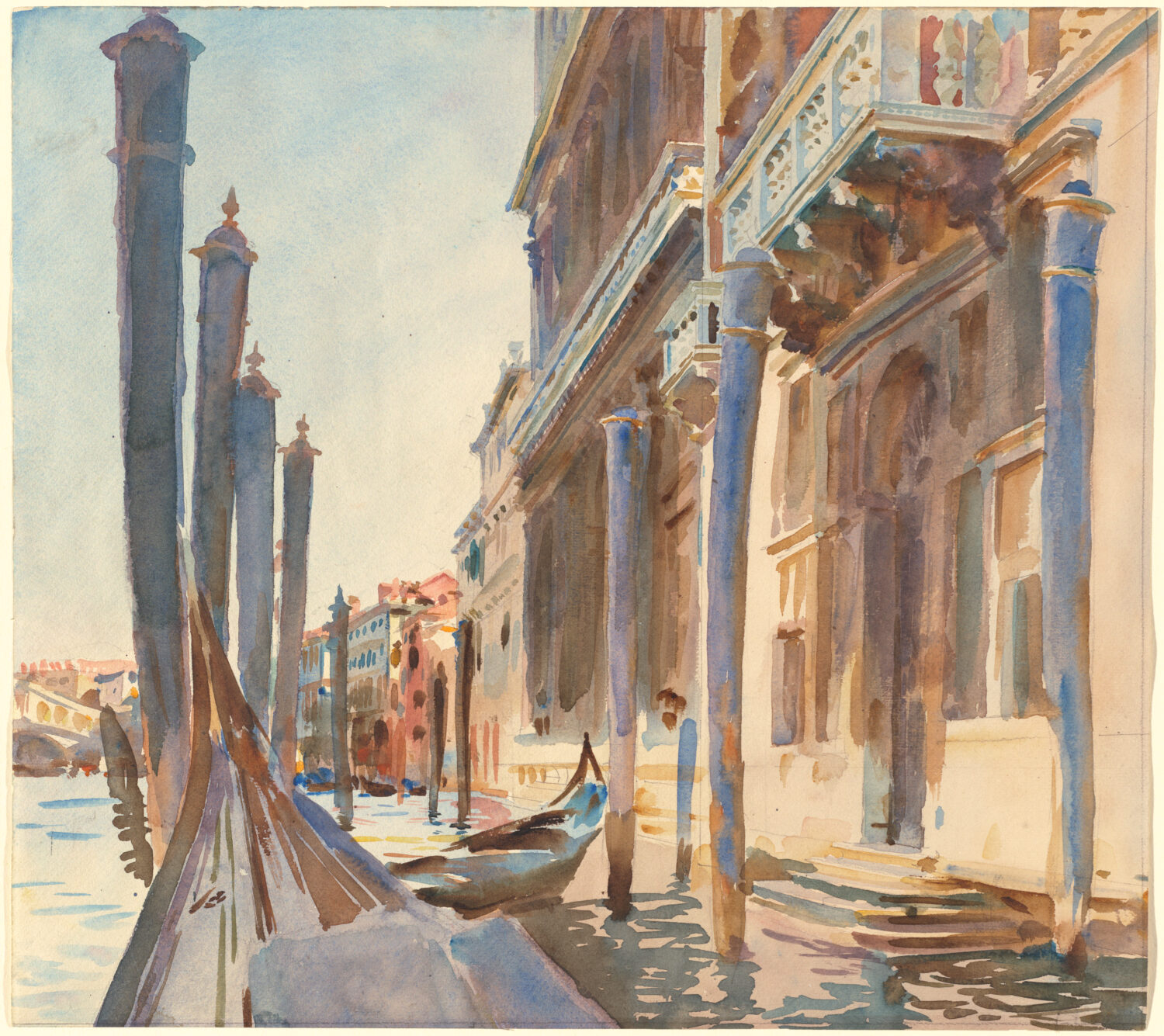 Gondolas and tall mooring poles beside sunlit Venetian buildings in a watercolor by John Singer Sargent